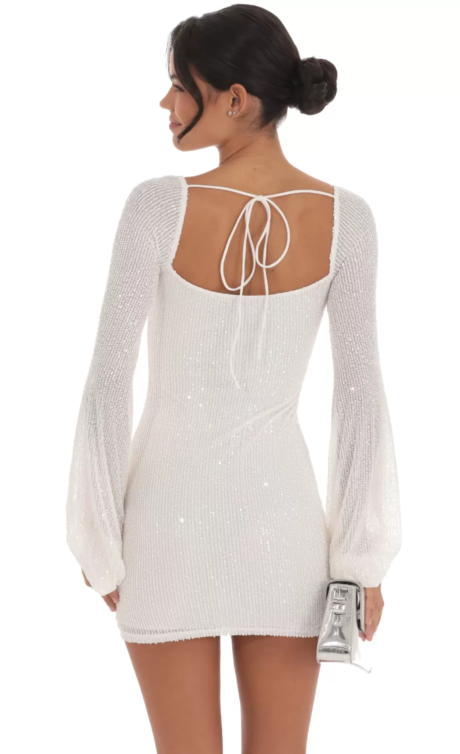 Sequin Balloon Sleeve Dress In White^LUCY IN THE SKY Outlet