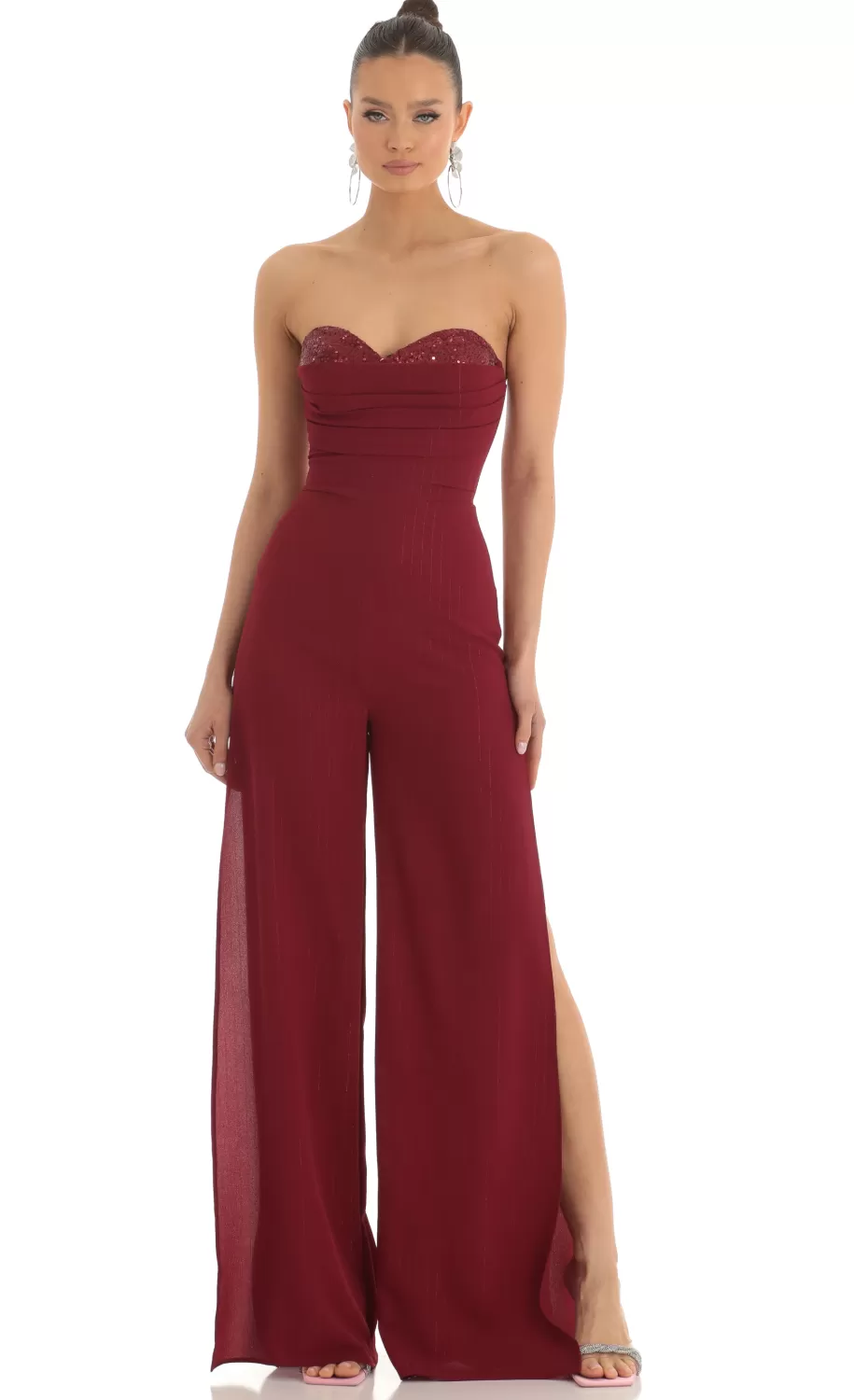 Sequin Bust Crepe Jumpsuit In Red^LUCY IN THE SKY Store