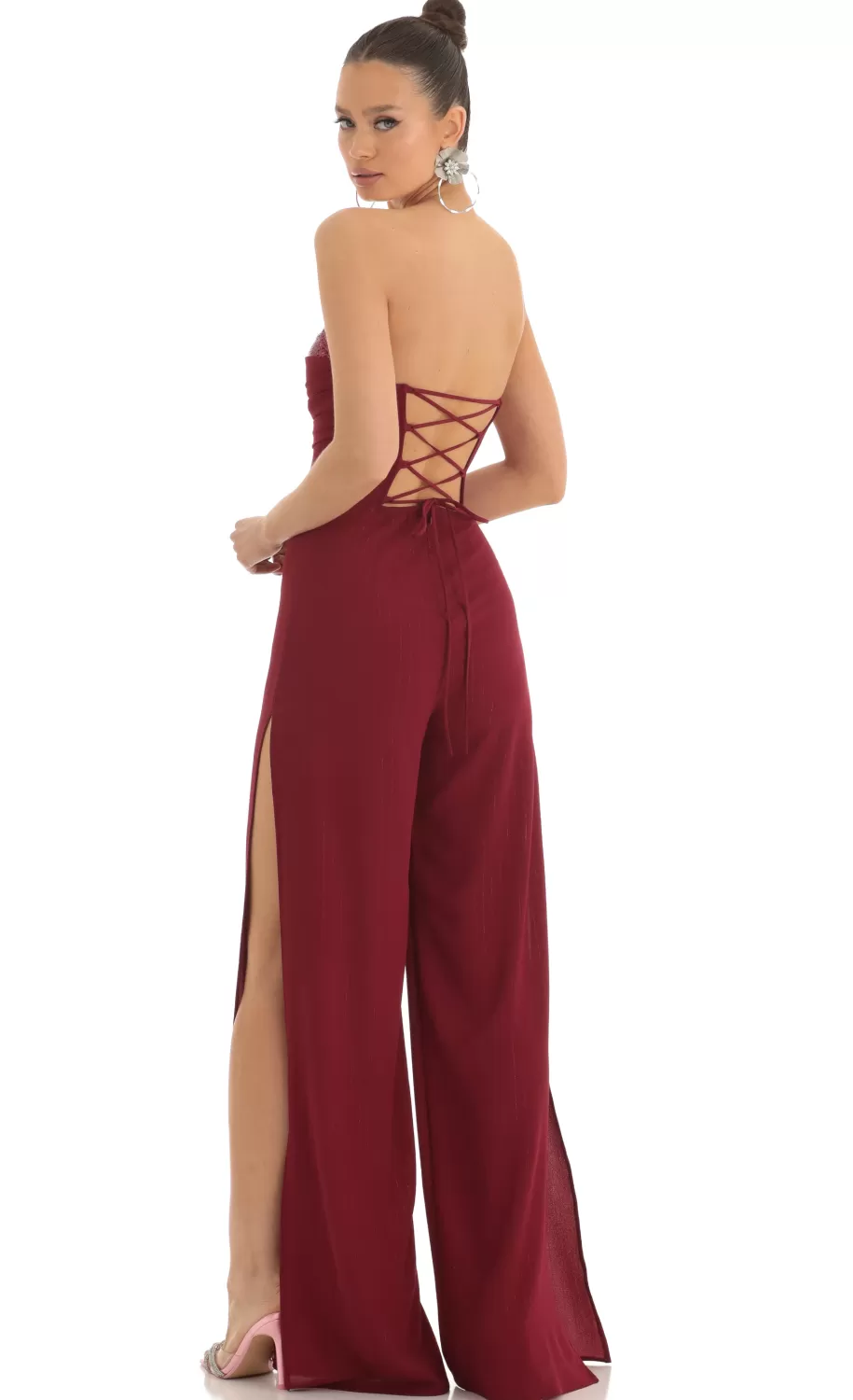 Sequin Bust Crepe Jumpsuit In Red^LUCY IN THE SKY Store