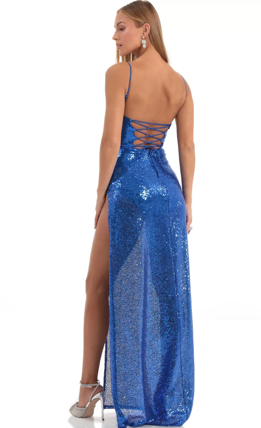 Sequin Cowl Neck Maxi Dress In Blue^LUCY IN THE SKY Outlet