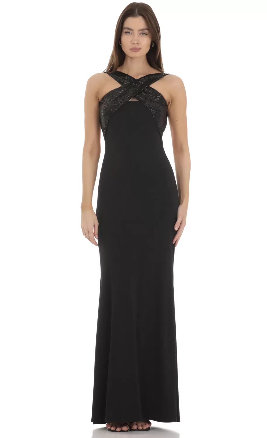 Sequin Cross Neck Maxi Dress In Black^LUCY IN THE SKY Best Sale