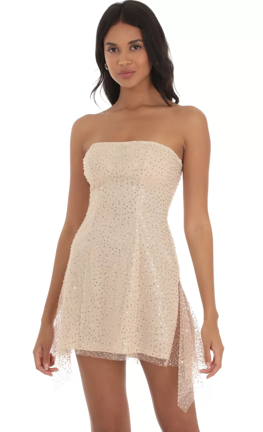 Sequin Double Slit Strapless Dress In Champagne^LUCY IN THE SKY Best