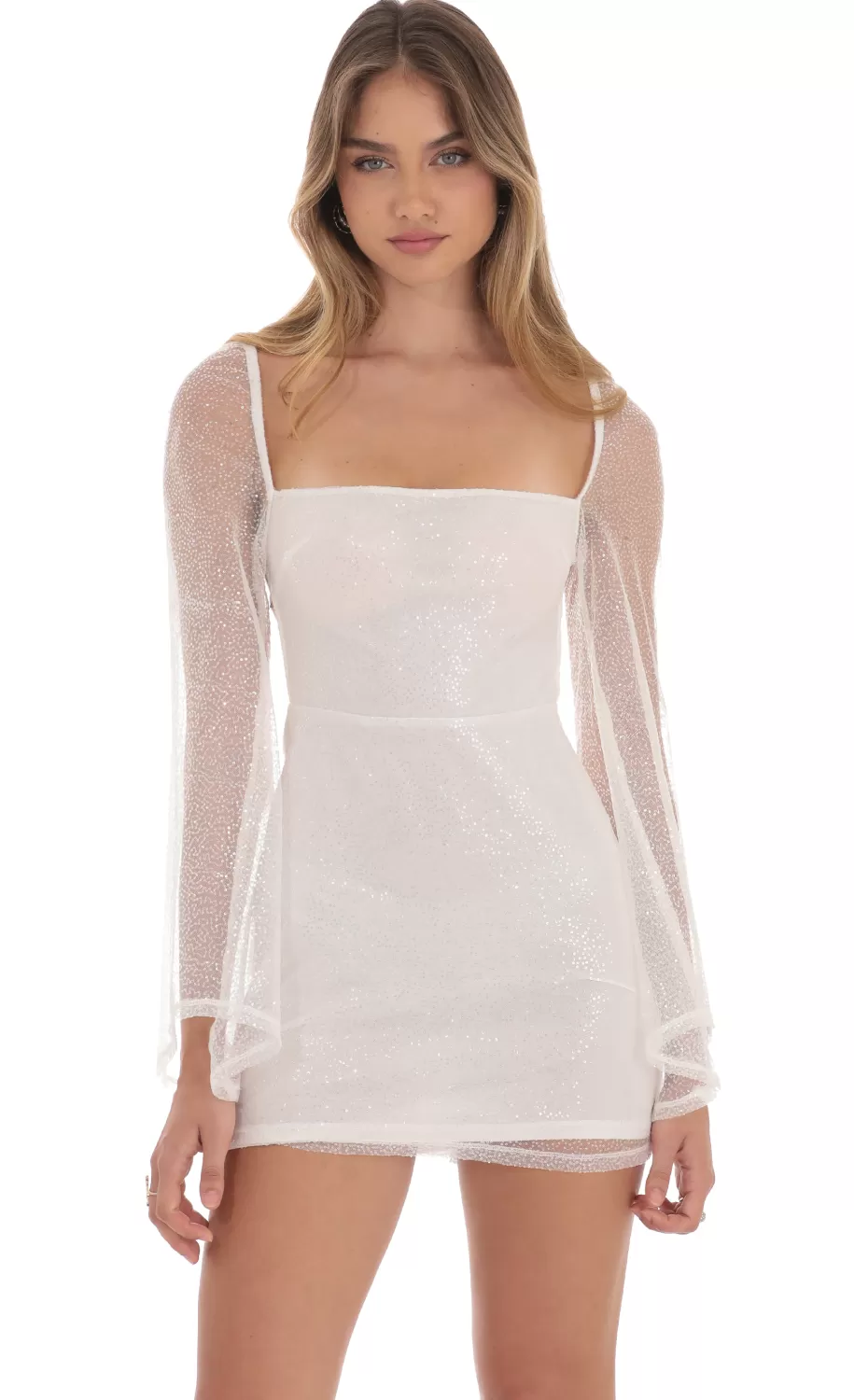 Sequin Flare Sleeve Dress In White^LUCY IN THE SKY Clearance