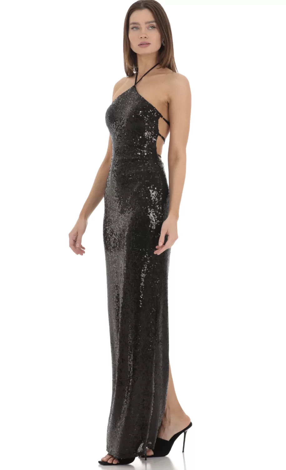 Sequin Halter Maxi Dress In Black^LUCY IN THE SKY Cheap