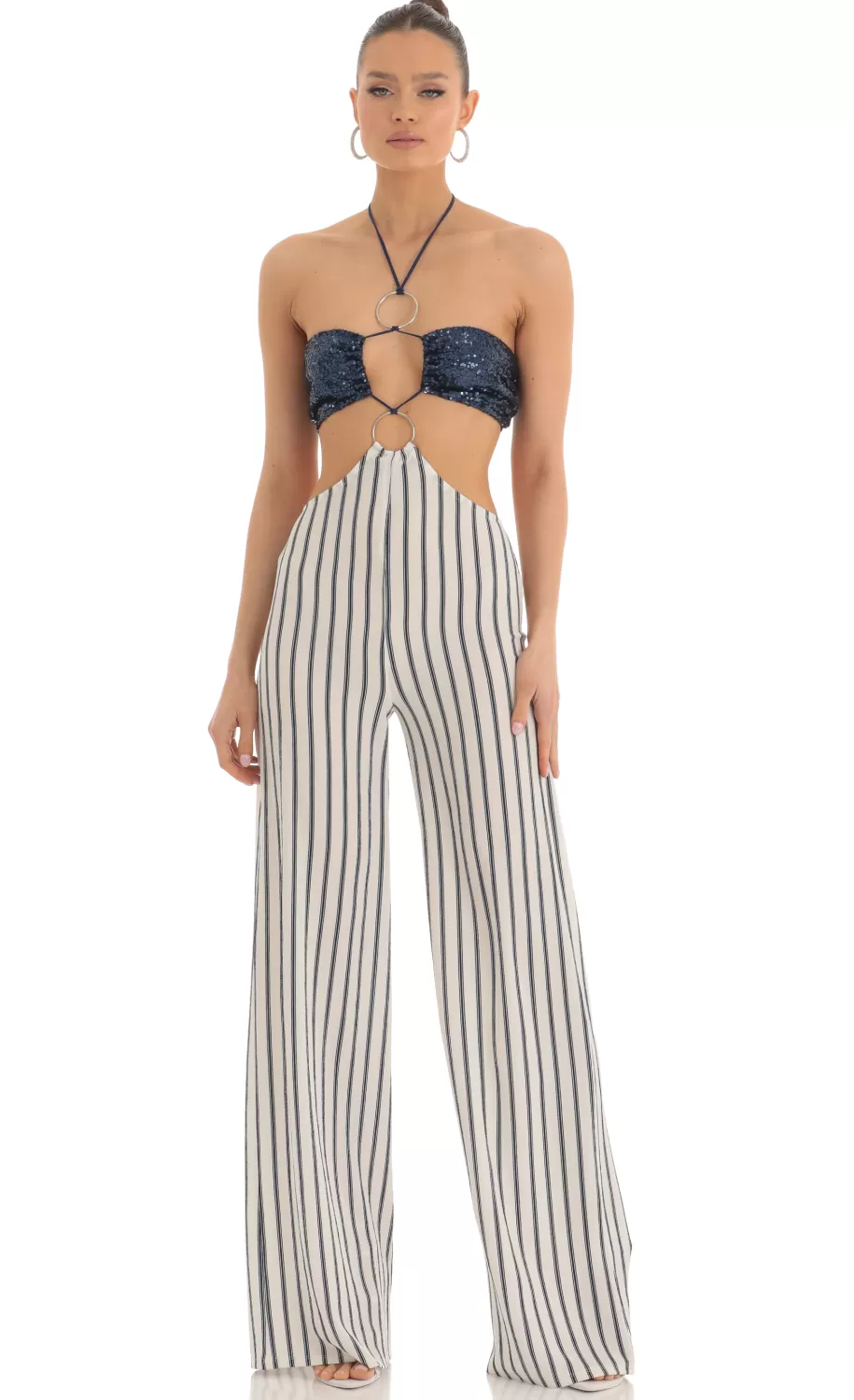 Sequin Halter Striped Jumpsuit In White And Navy^LUCY IN THE SKY Best Sale