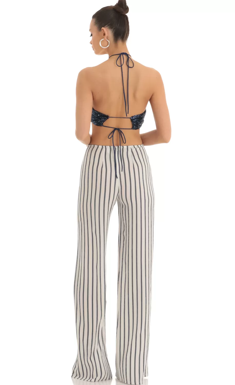 Sequin Halter Striped Jumpsuit In White And Navy^LUCY IN THE SKY Best Sale