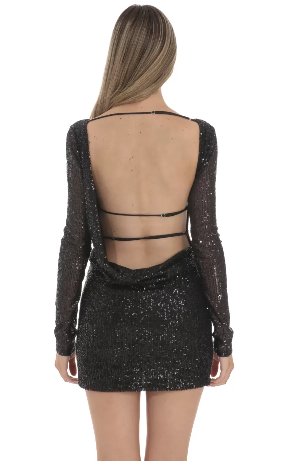 Sequin High Neck Open Back Dress In Black^LUCY IN THE SKY Outlet