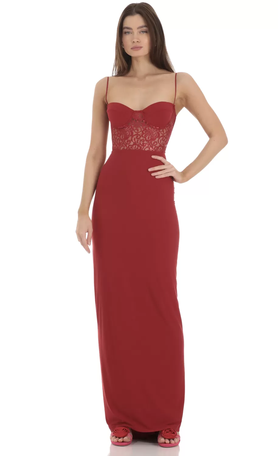 Sequin Lace Cutout Maxi Dress In Red^LUCY IN THE SKY Hot