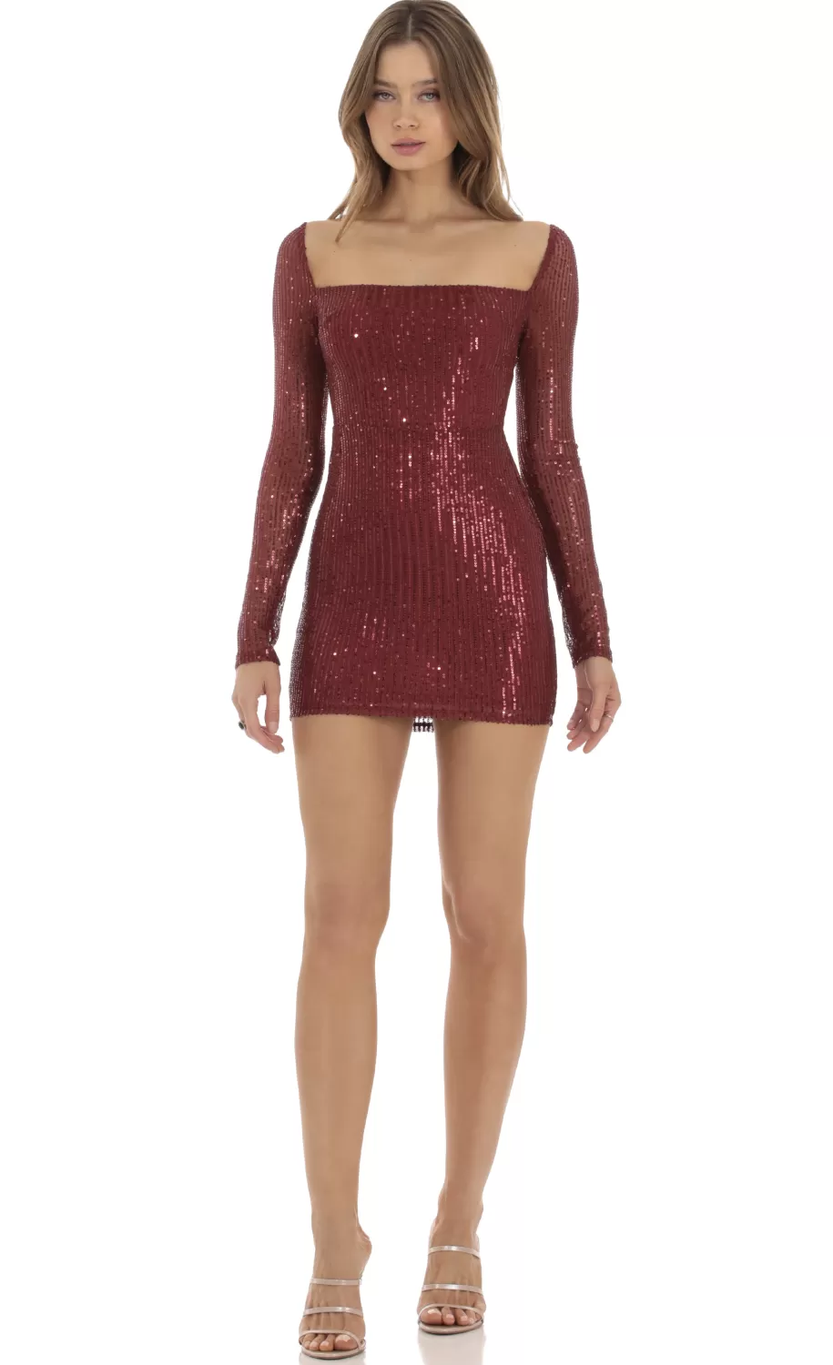 Sequin Long Sleeve Bodycon Dress In Red^LUCY IN THE SKY Discount