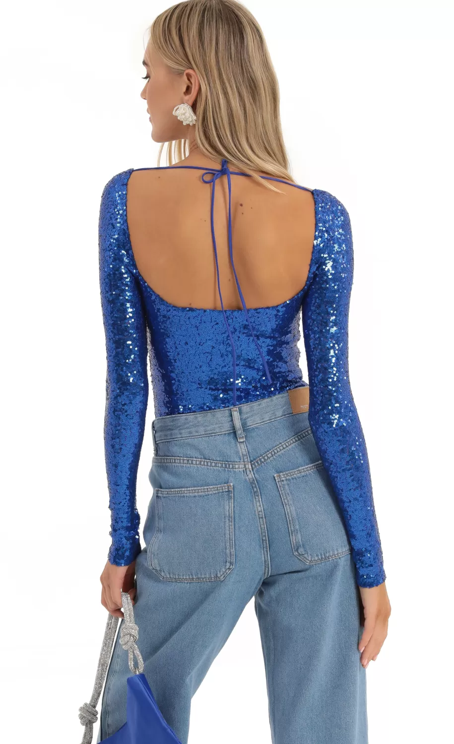 Sequin Long Sleeve Bodysuit In Blue^LUCY IN THE SKY Store