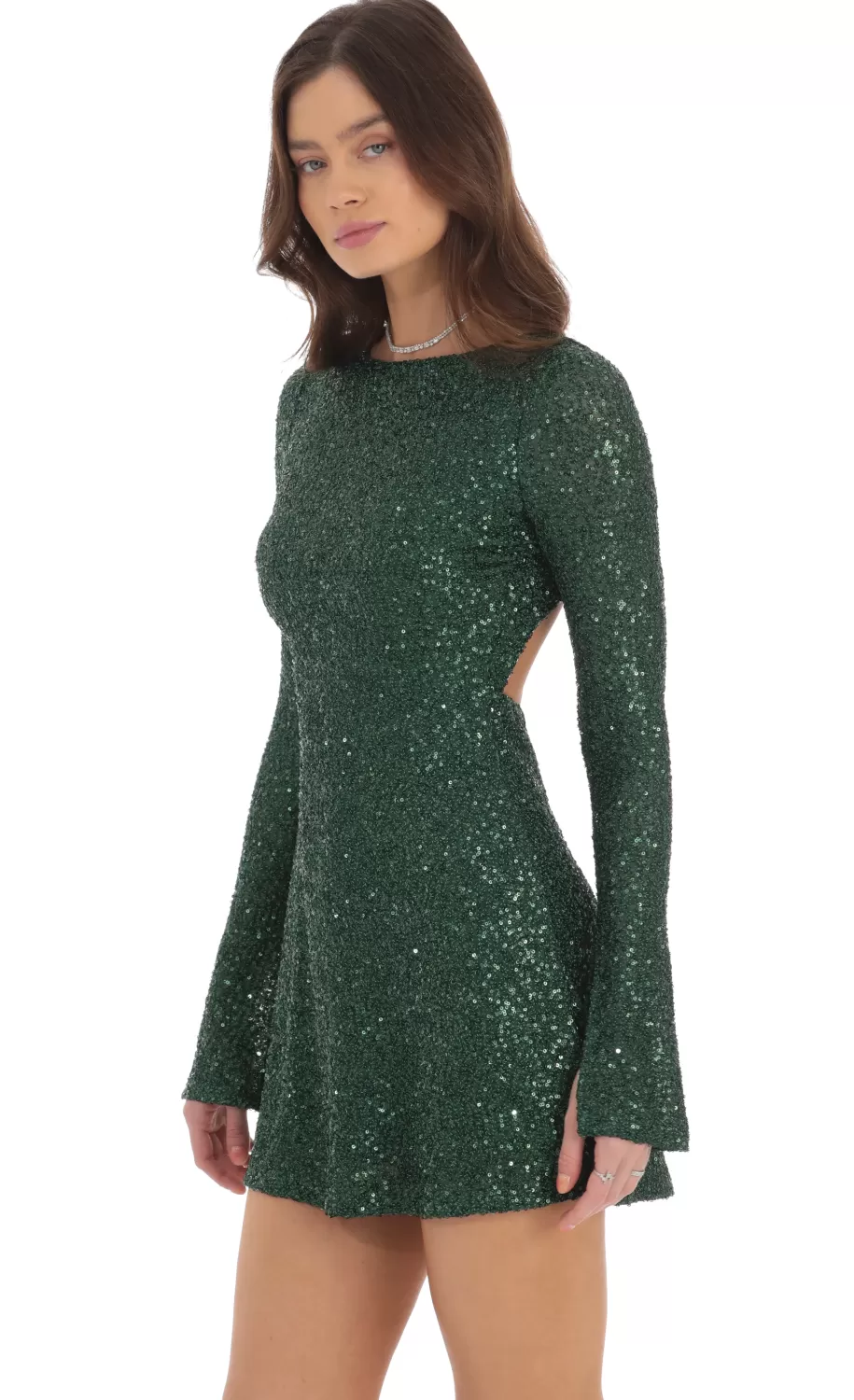 Sequin Long Sleeve Open Back Dress In Green^LUCY IN THE SKY Hot