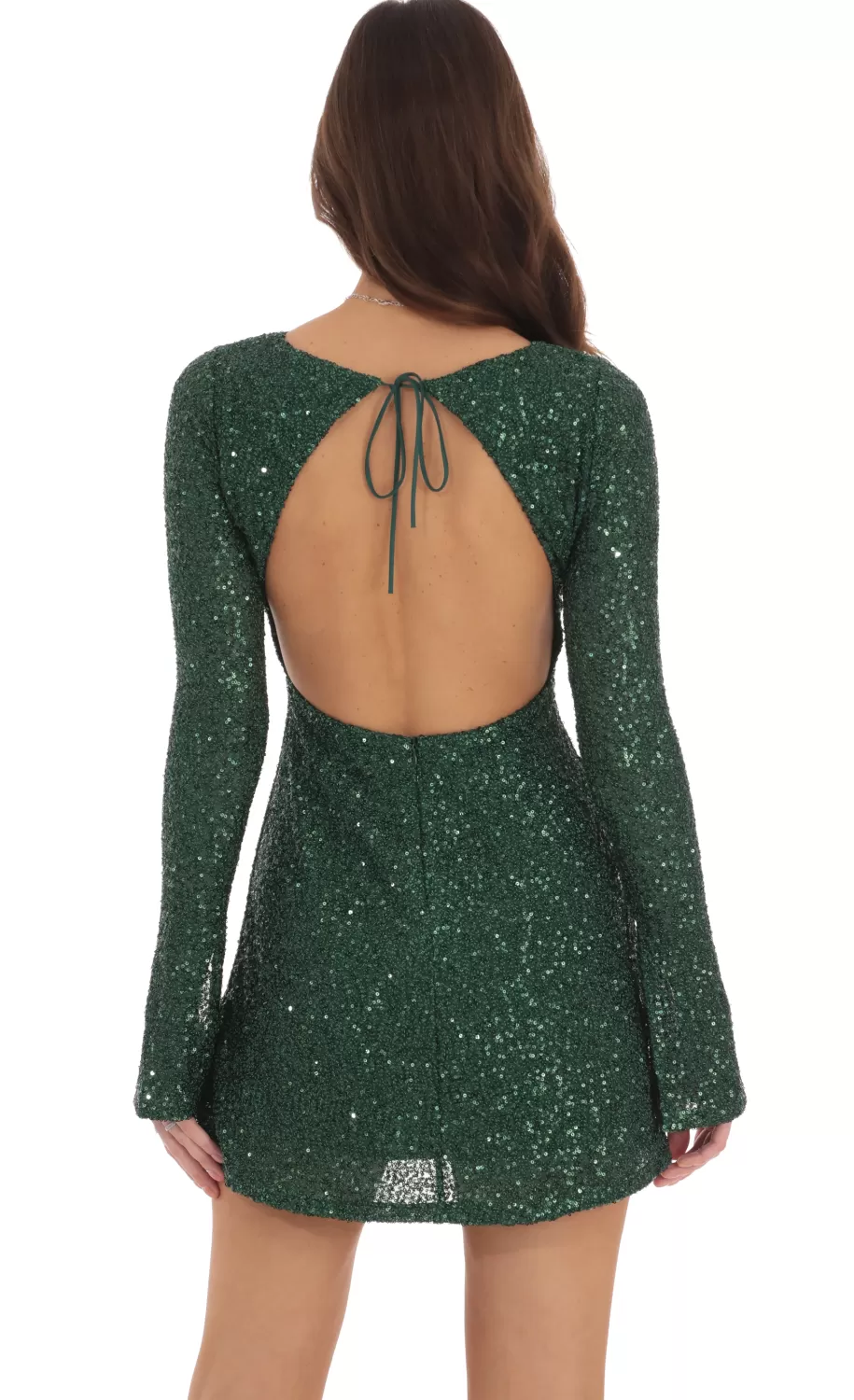 Sequin Long Sleeve Open Back Dress In Green^LUCY IN THE SKY Hot