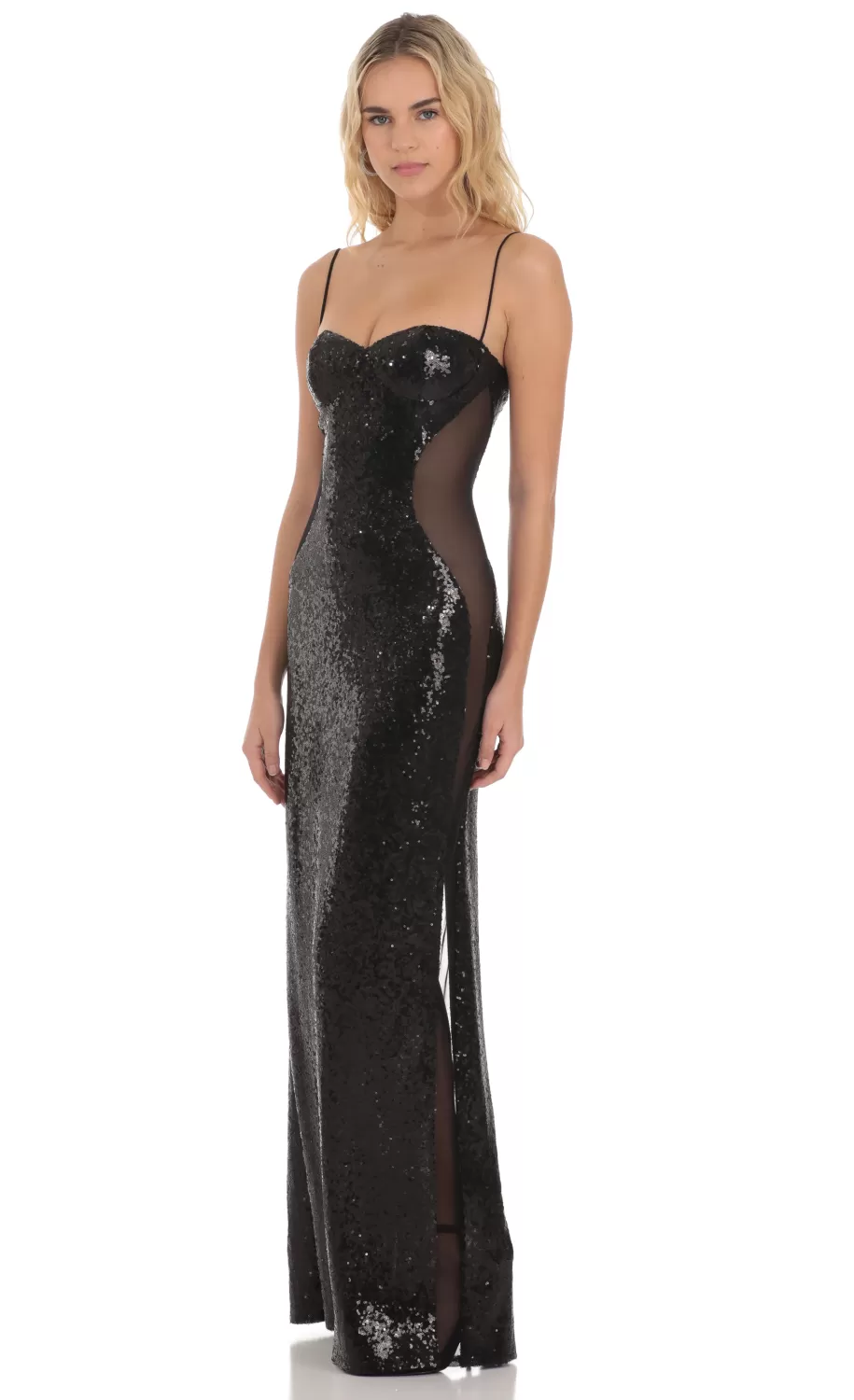 Sequin Mesh Side Cutout Maxi Dress In Black^LUCY IN THE SKY Hot