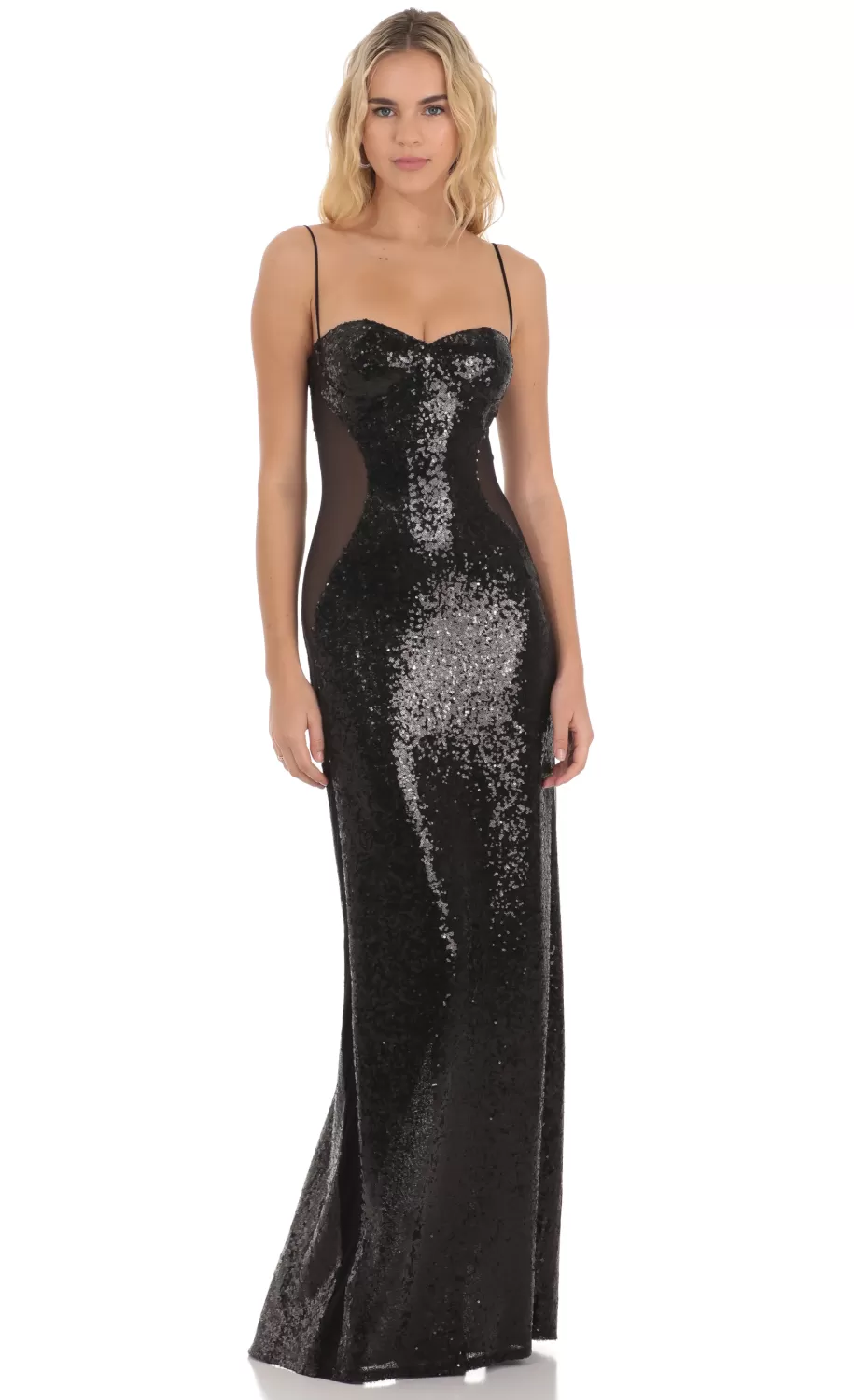 Sequin Mesh Side Cutout Maxi Dress In Black^LUCY IN THE SKY Hot