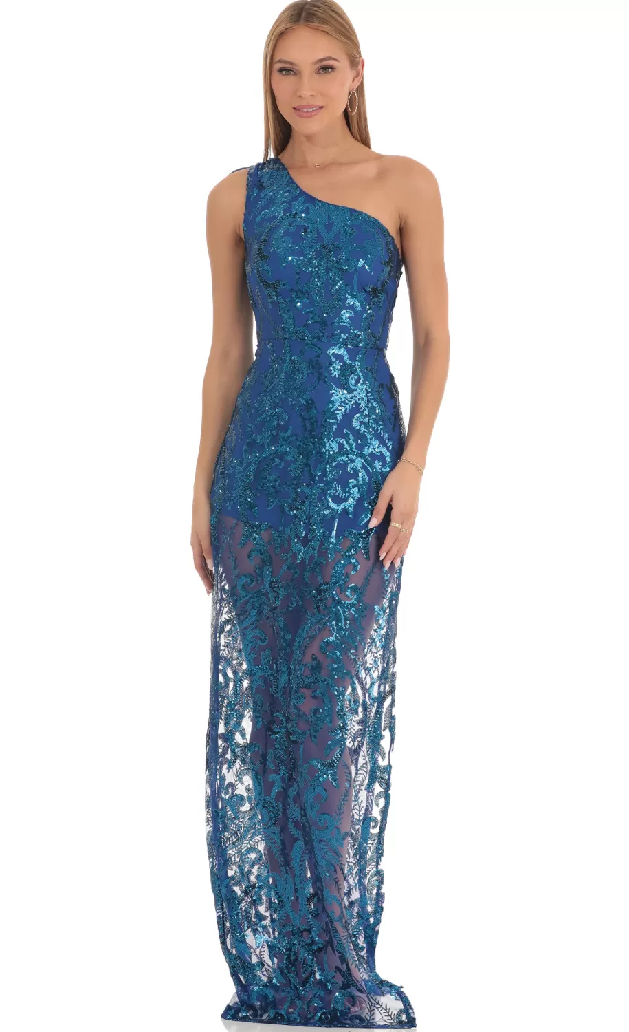 Sequin One Shoulder Maxi Dress In Blue^LUCY IN THE SKY Flash Sale