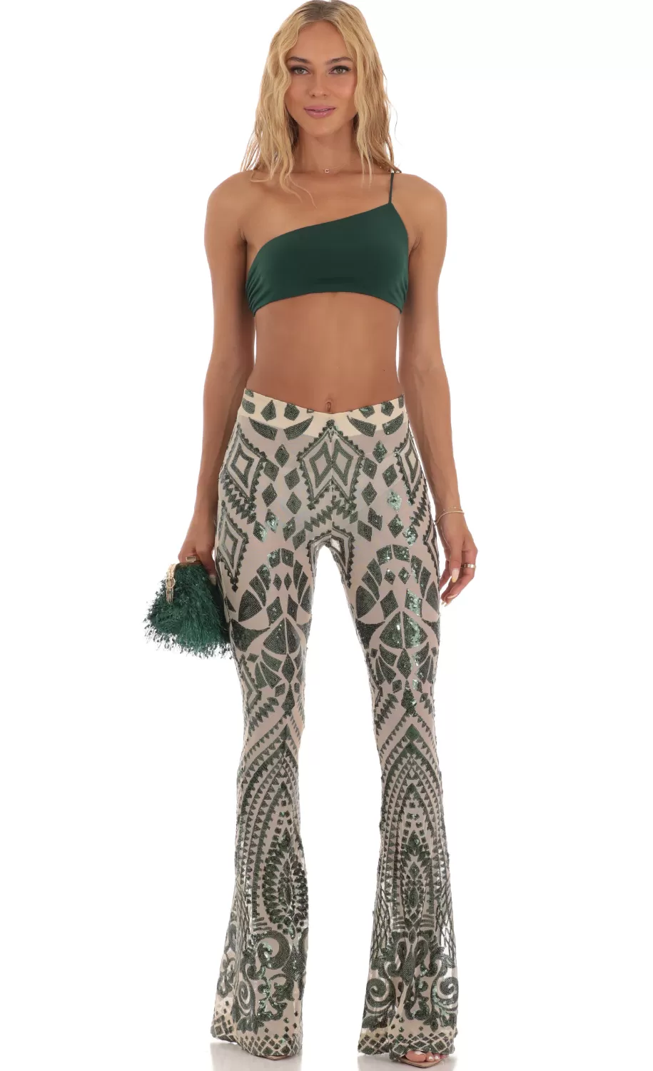 Sequin One Shoulder Two Piece Set In Green^LUCY IN THE SKY Store