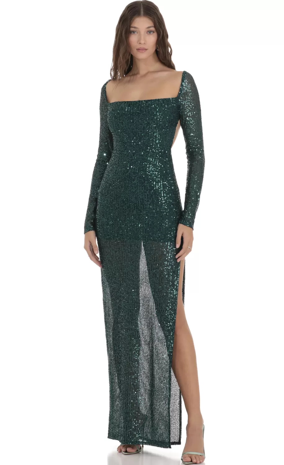 Sequin Open Back Dress In Green^LUCY IN THE SKY Online