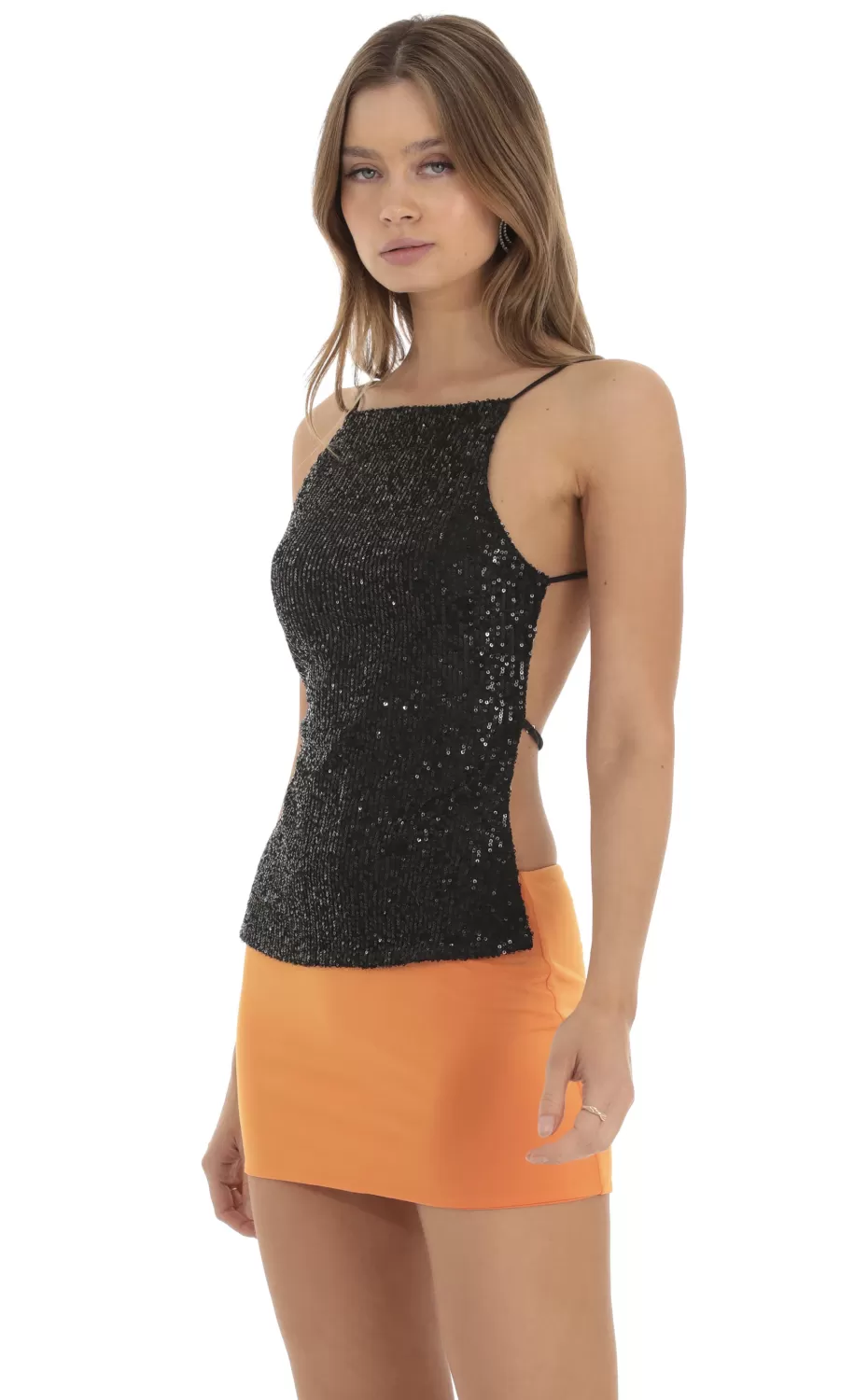 Sequin Open Back Top In Black^LUCY IN THE SKY Cheap