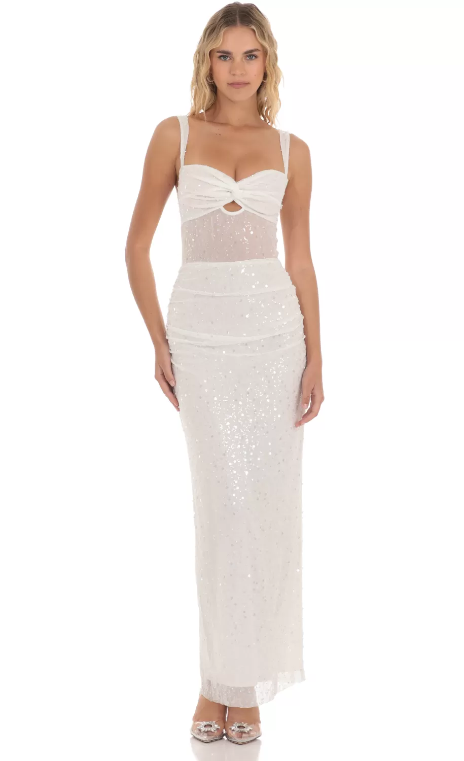 Sequin Pearl Twist Ruched Maxi Dress In White^LUCY IN THE SKY Shop