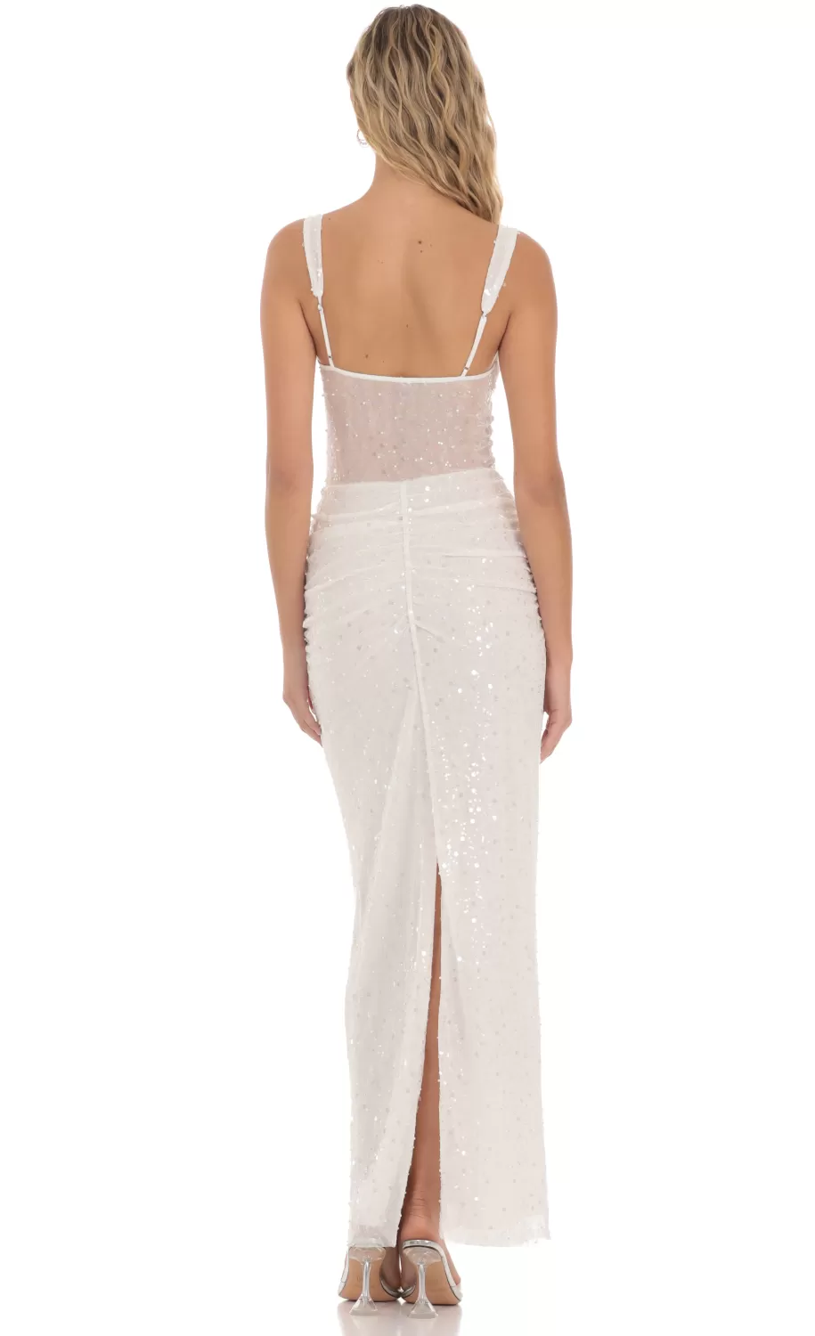 Sequin Pearl Twist Ruched Maxi Dress In White^LUCY IN THE SKY Shop