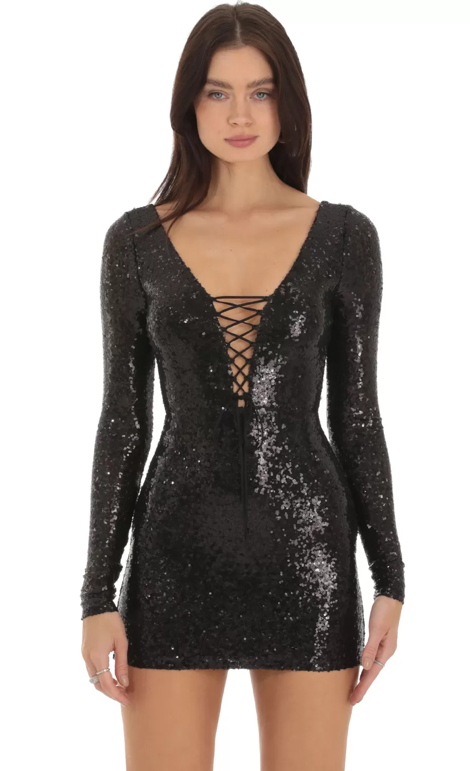 Sequin Plunge Neck Dress In Black^LUCY IN THE SKY Sale