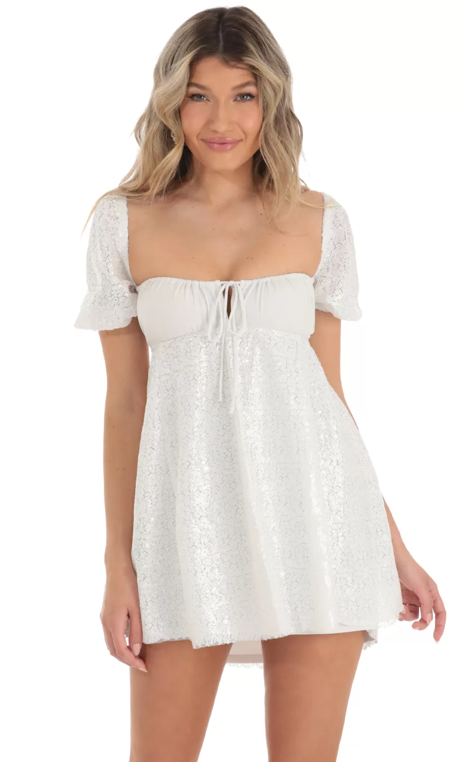 Sequin Puff Sleeve Baby Doll Dress In White^LUCY IN THE SKY Flash Sale