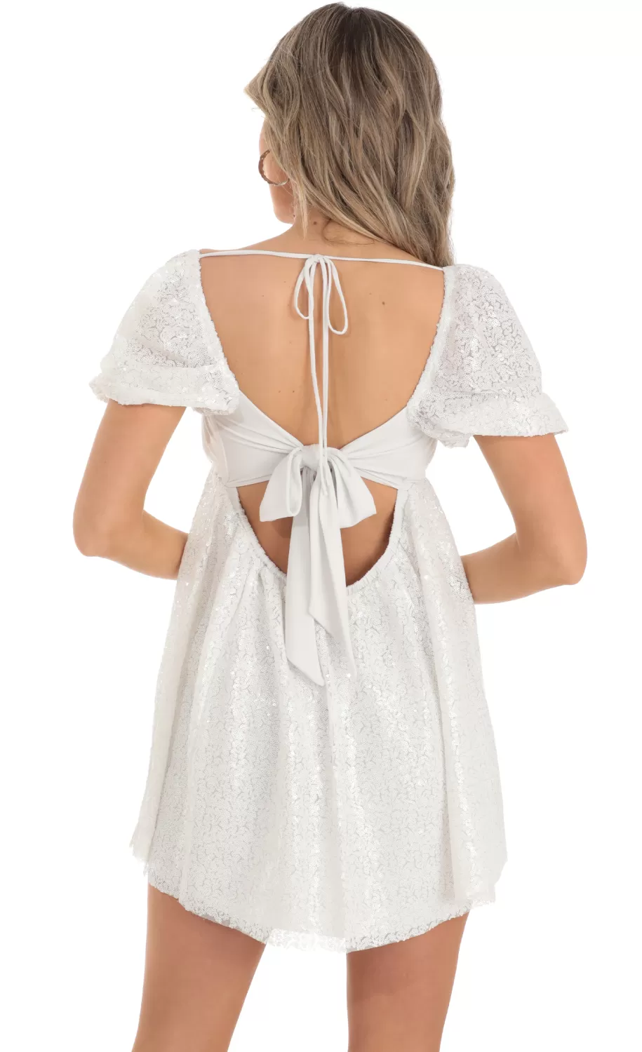 Sequin Puff Sleeve Baby Doll Dress In White^LUCY IN THE SKY Flash Sale