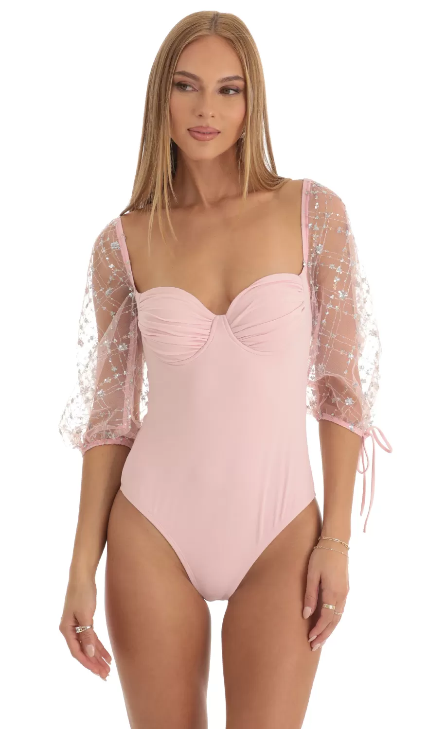 Sequin Puff Sleeve Bodysuit In Pink^LUCY IN THE SKY Cheap