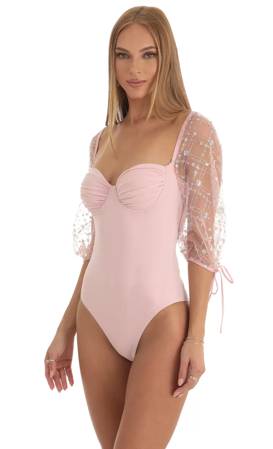 Sequin Puff Sleeve Bodysuit In Pink^LUCY IN THE SKY Cheap