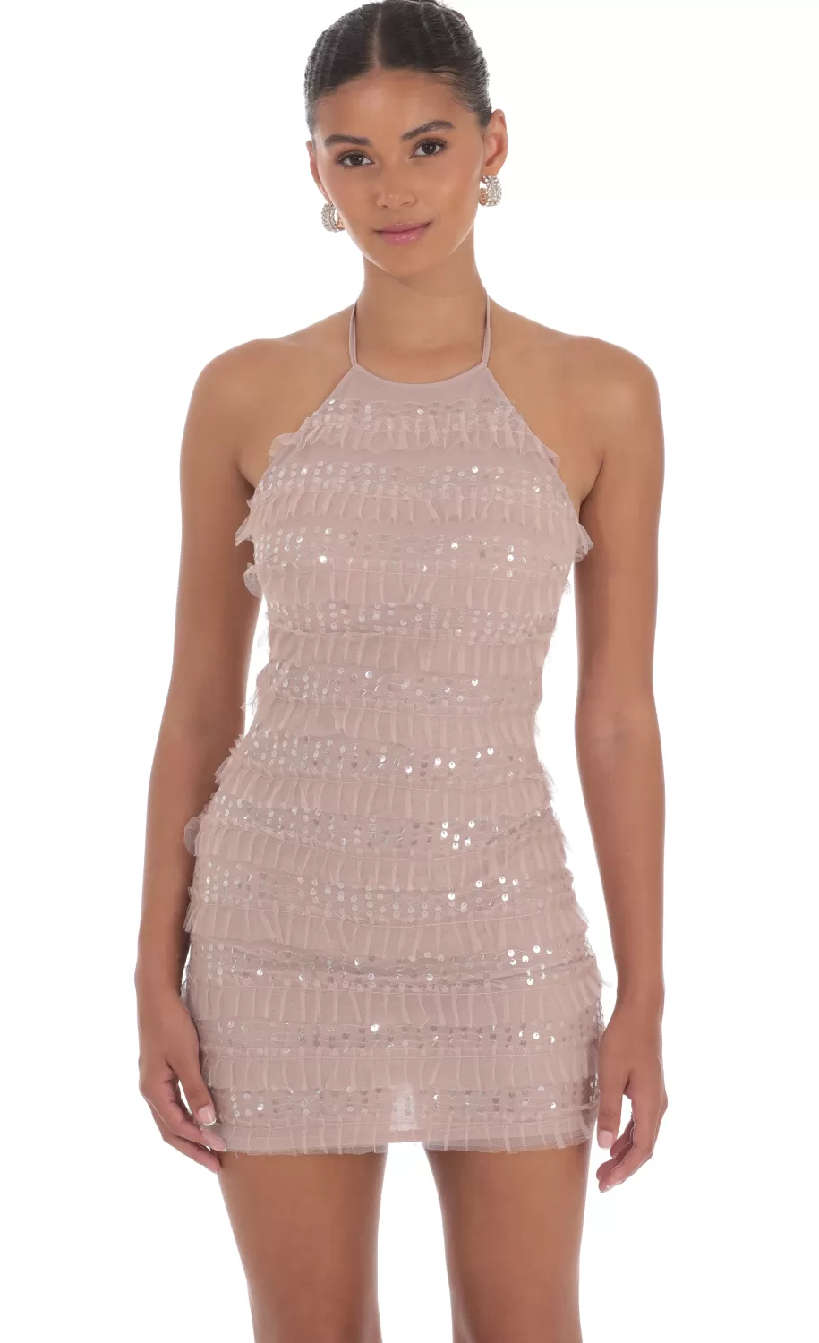 Sequin Ruffle Halter Bodycon Dress In Mauve^LUCY IN THE SKY Discount