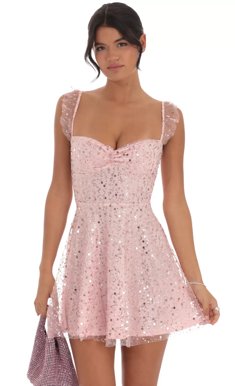 Sequin Ruffle Strap A-Line Dress In Pink^LUCY IN THE SKY Store