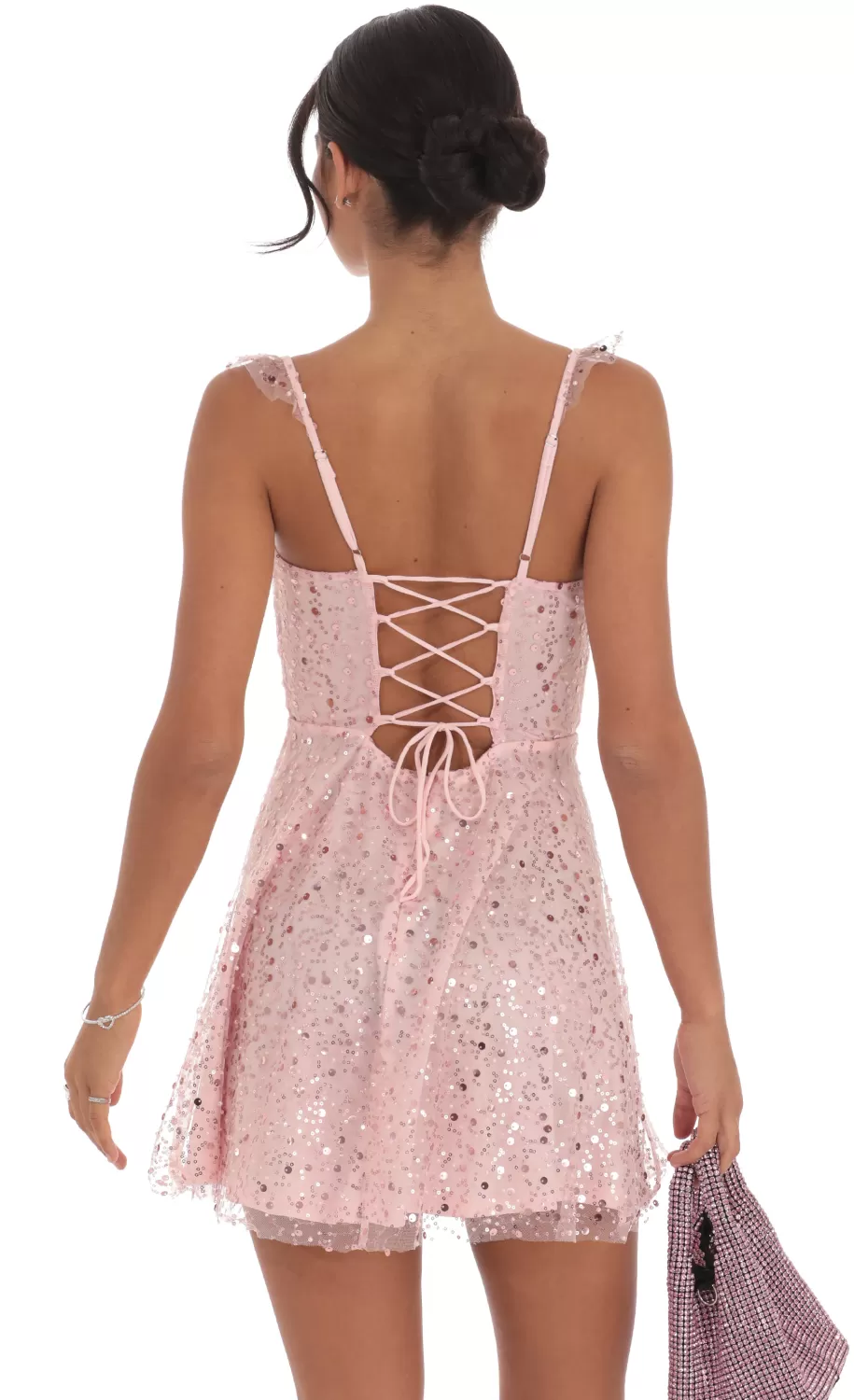 Sequin Ruffle Strap A-Line Dress In Pink^LUCY IN THE SKY Store