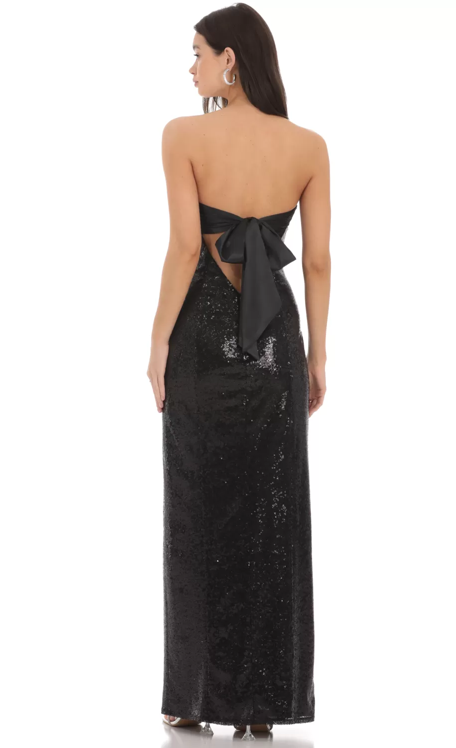 Sequin Satin Back Tie Maxi Dress In Black^LUCY IN THE SKY Store