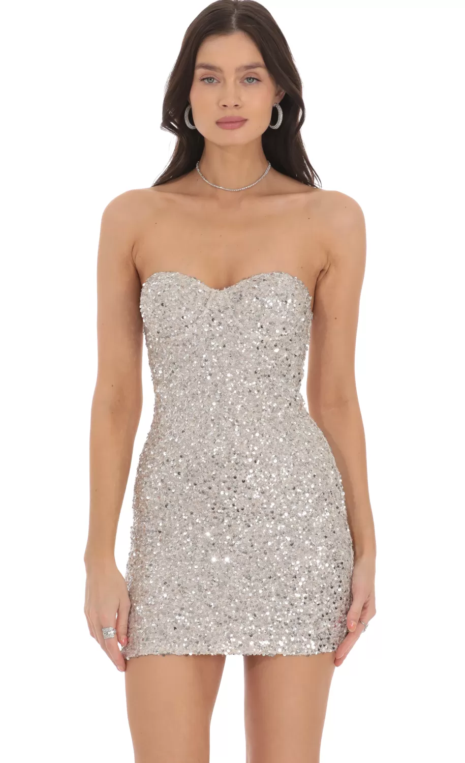 Sequin Strapless Bodycon Dress In Silver^LUCY IN THE SKY Store