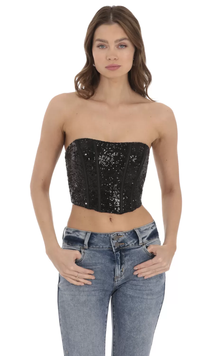 Sequin Strapless Corset Top In Black^LUCY IN THE SKY Fashion