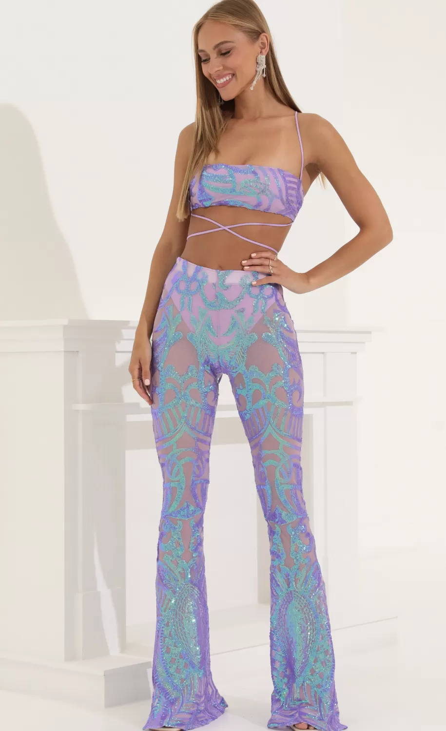 Sequin Two Piece Set In Purple Iridescent^LUCY IN THE SKY Shop