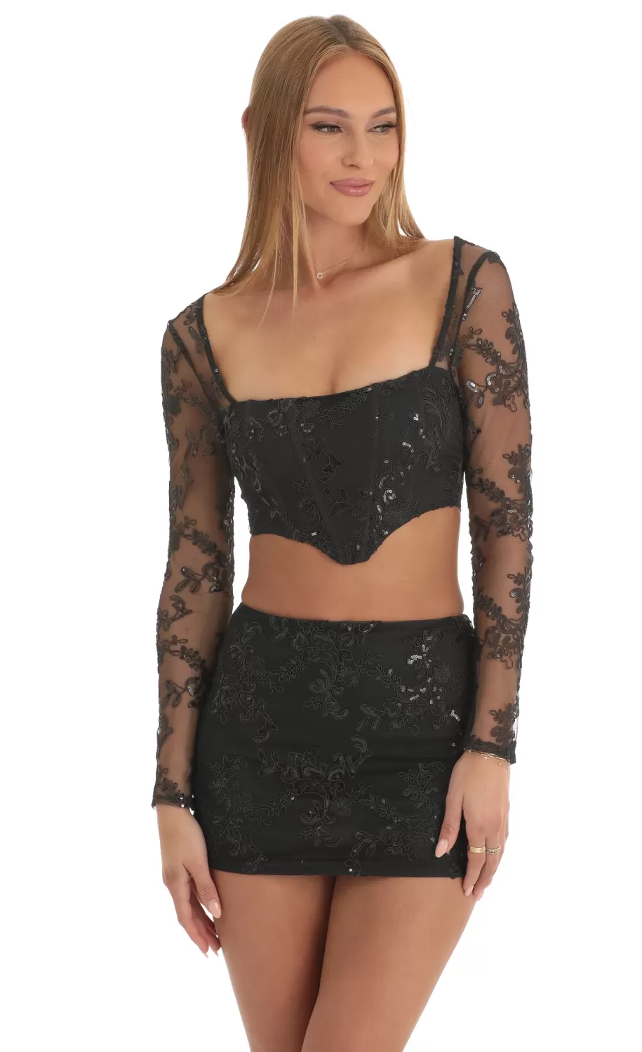 Sequin Two Piece Skirt Set In Black^LUCY IN THE SKY Cheap