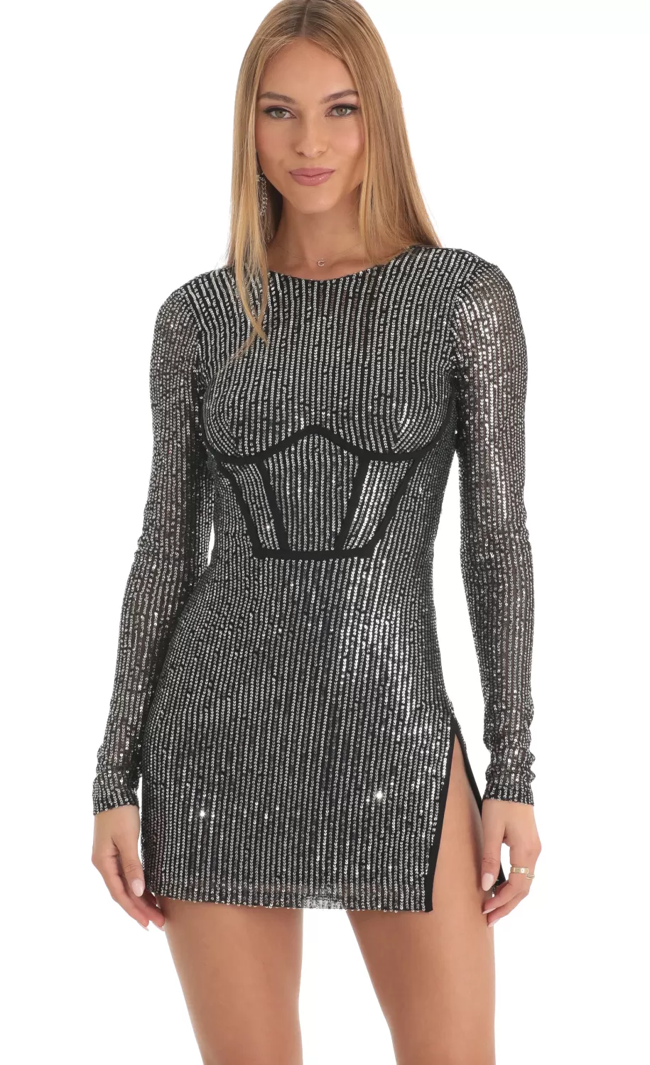 Sequins Crepe Corset Dress In Silver^LUCY IN THE SKY Cheap