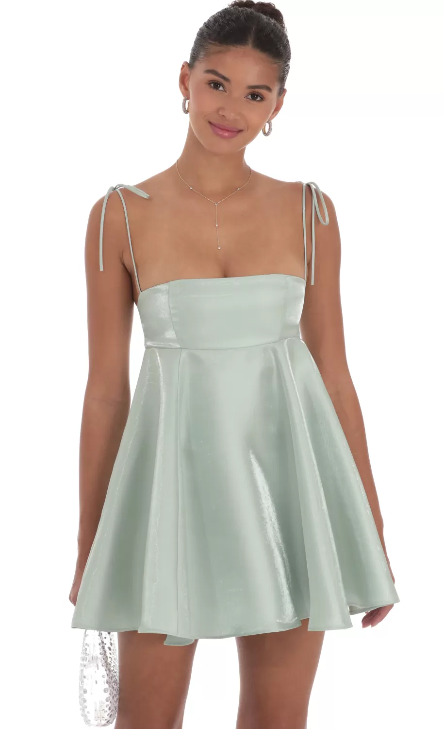 Sheen Flare Babydoll Dress In Sage Green^LUCY IN THE SKY Sale