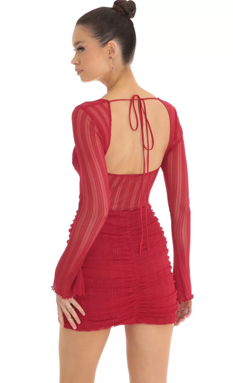 Sheer Mesh Long Sleeve Dress In Red^LUCY IN THE SKY Shop