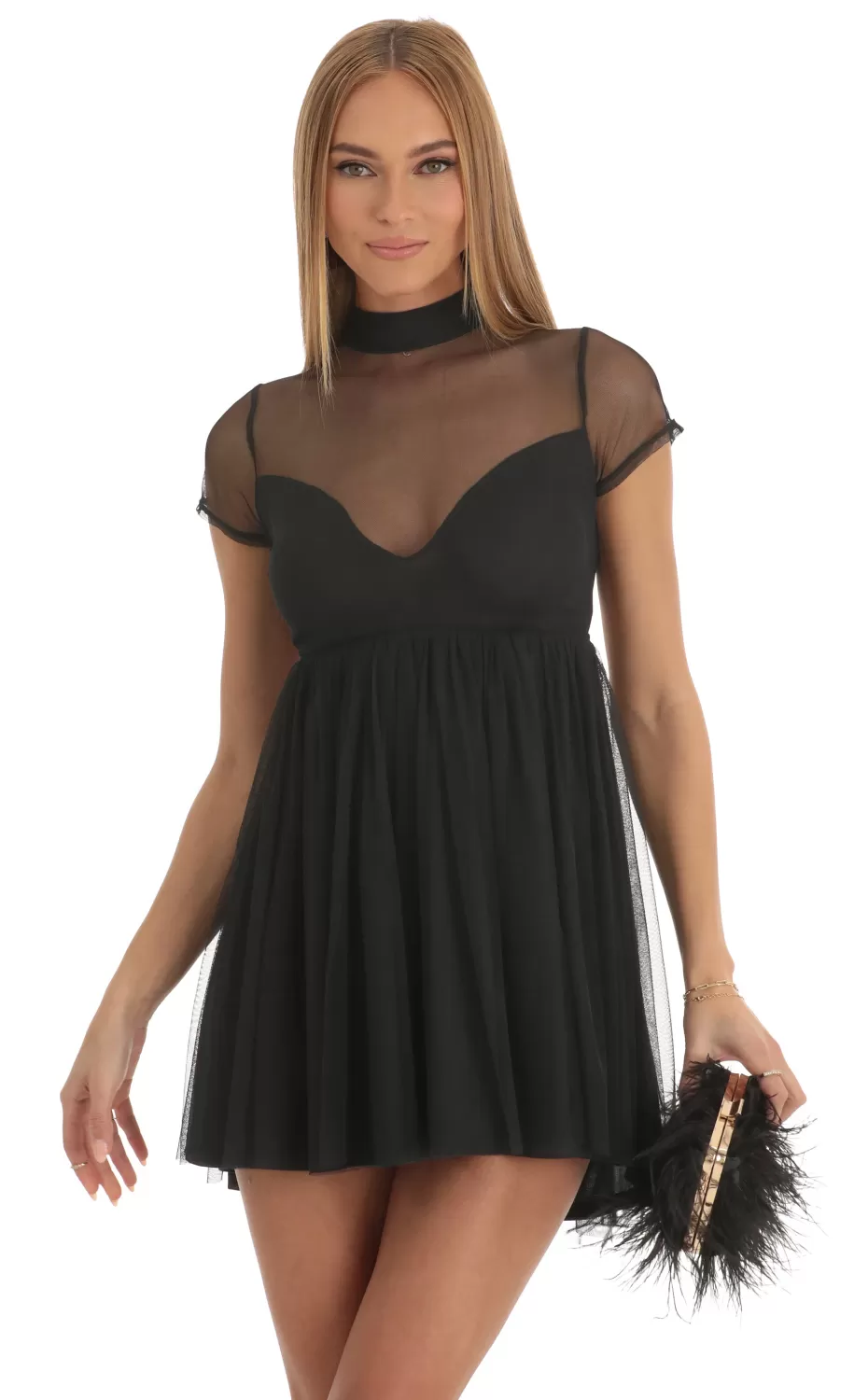 Sheer Mock Neck Baby Doll Dress In Black^LUCY IN THE SKY Hot