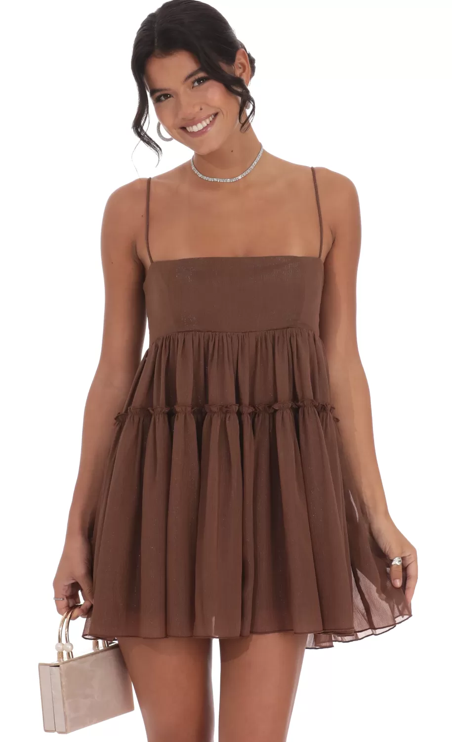 Shimmer Babydoll Dress In Brown^LUCY IN THE SKY Store