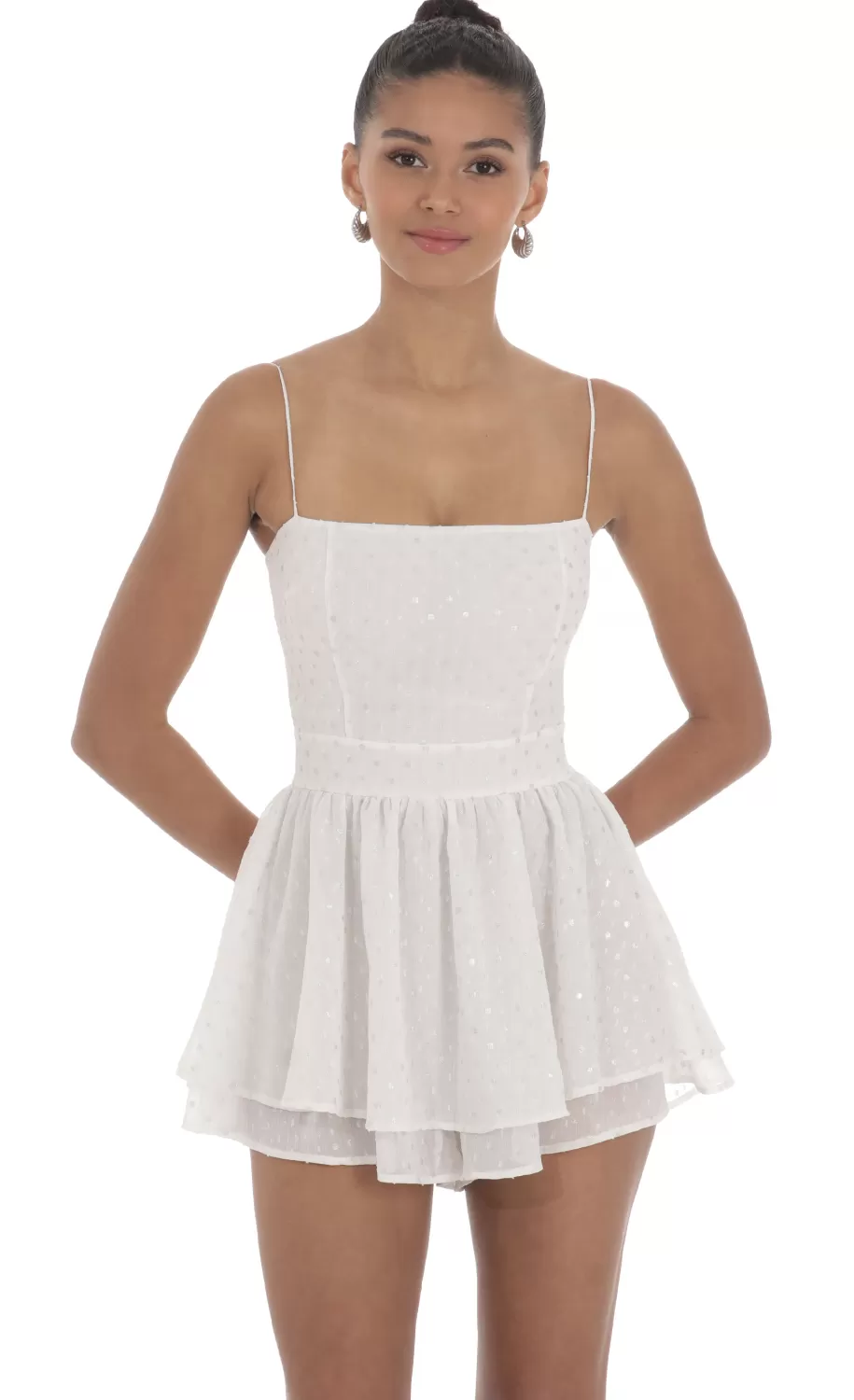 Shimmer Dotted Double Ruffle Romper In White^LUCY IN THE SKY Discount