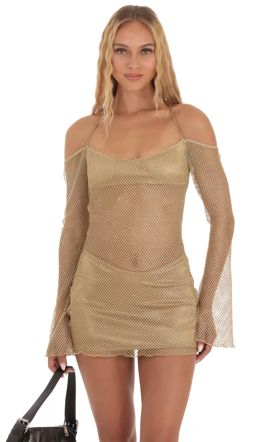 Shimmer Fishnet Off Shoulder Dress In Gold^LUCY IN THE SKY Cheap