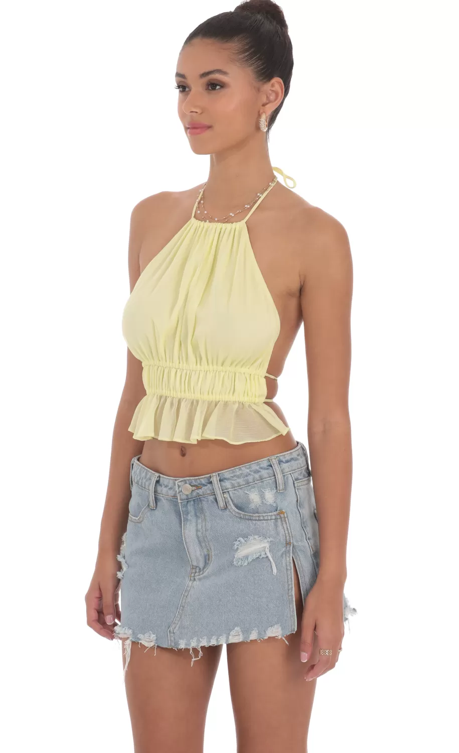 Shimmer Halter Open Back Top In Yellow^LUCY IN THE SKY New