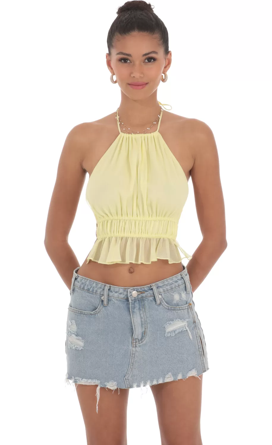 Shimmer Halter Open Back Top In Yellow^LUCY IN THE SKY New