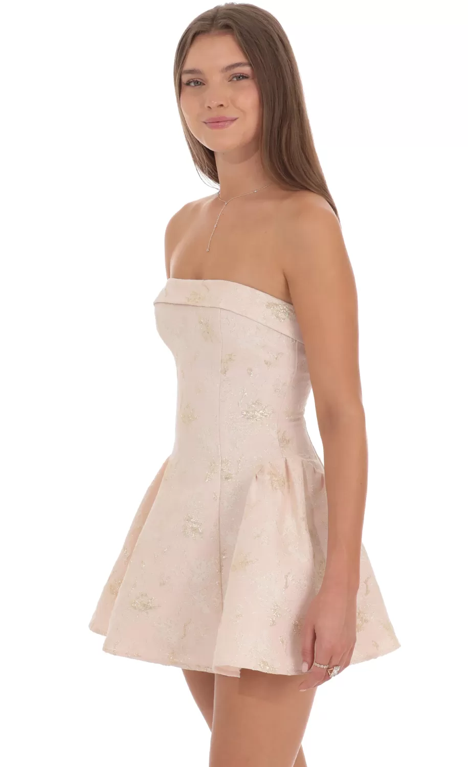 Shimmer Jacquard Strapless Flare Dress In Pink^LUCY IN THE SKY Fashion