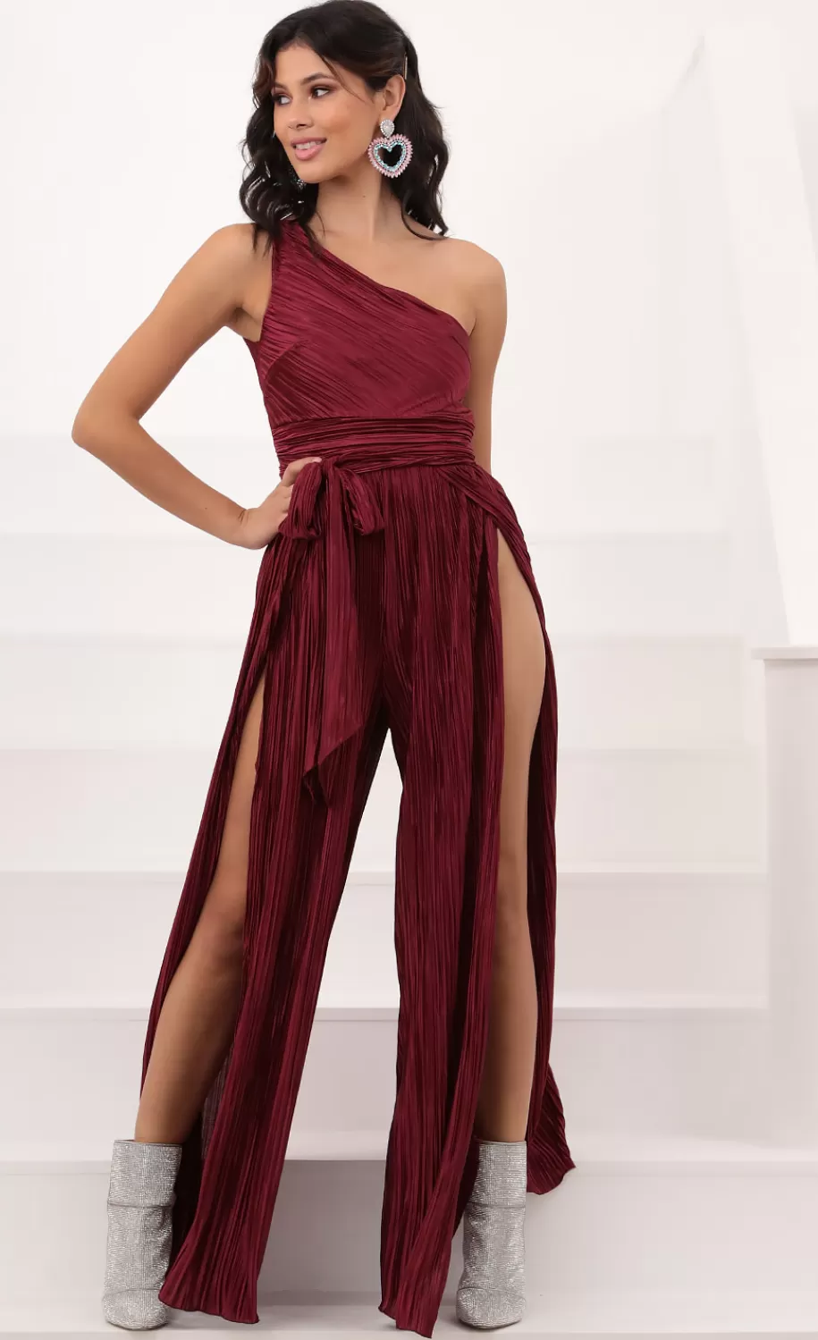 Shimmer One Shoulder Jumpsuit In Burgundy^LUCY IN THE SKY Sale