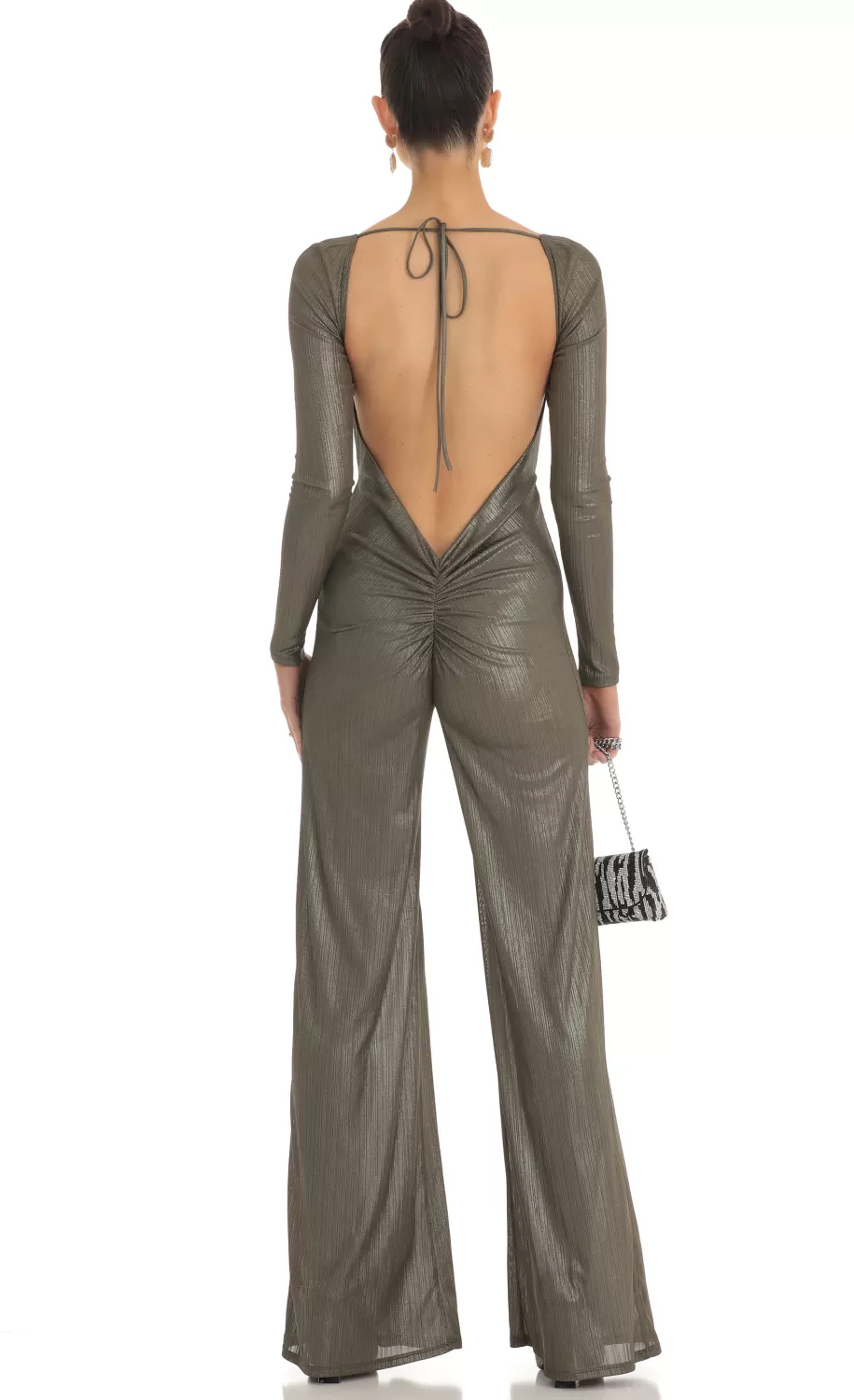 Shimmer Open Back Long Sleeve Jumpsuit In Olive^LUCY IN THE SKY Clearance