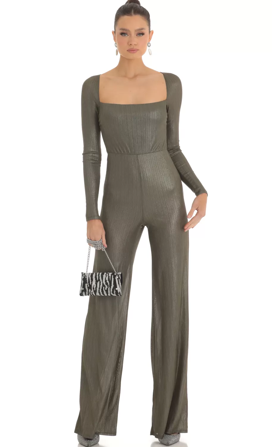 Shimmer Open Back Long Sleeve Jumpsuit In Olive^LUCY IN THE SKY Clearance